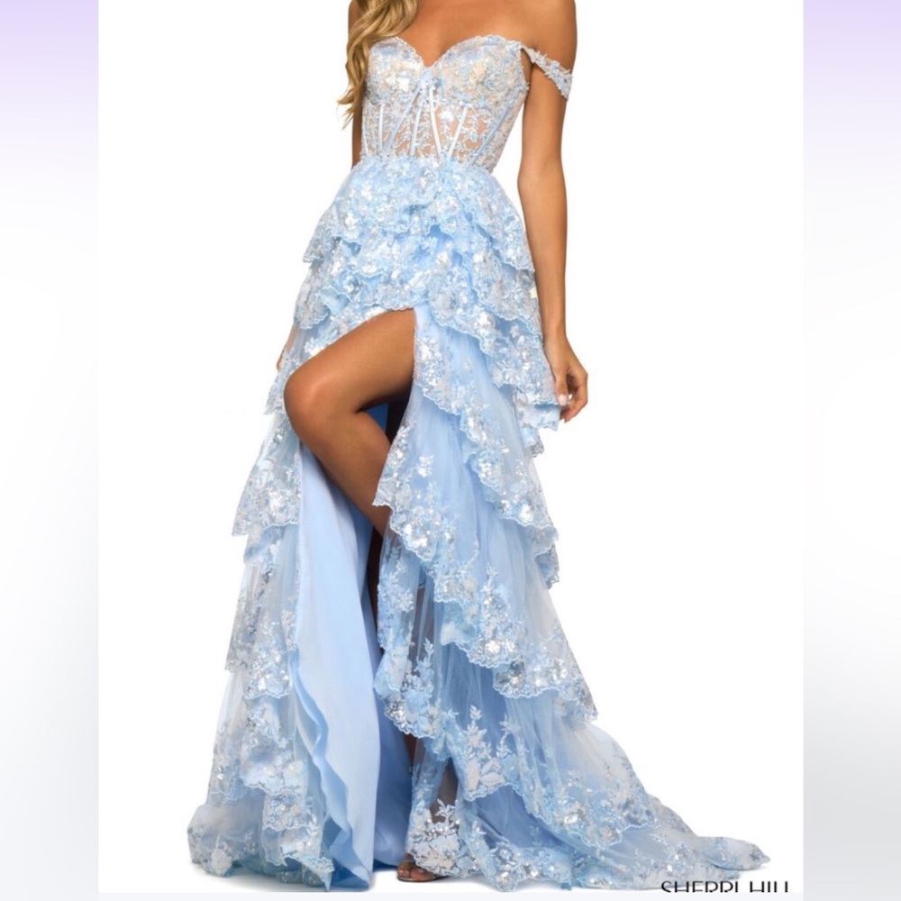 Sherri Hill 55500 Elegant Blue Lace Off-Shoulder Dress